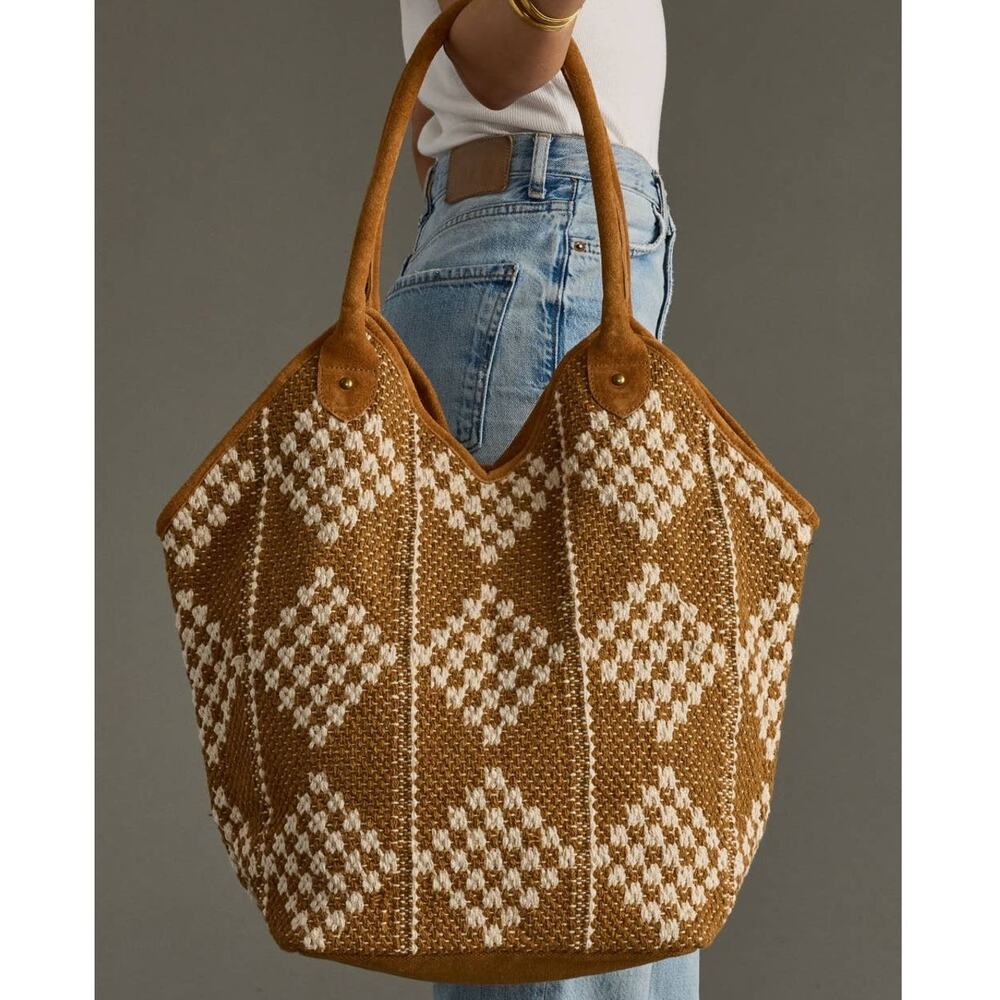 Brown Cream Diamond Woven Tote Bag